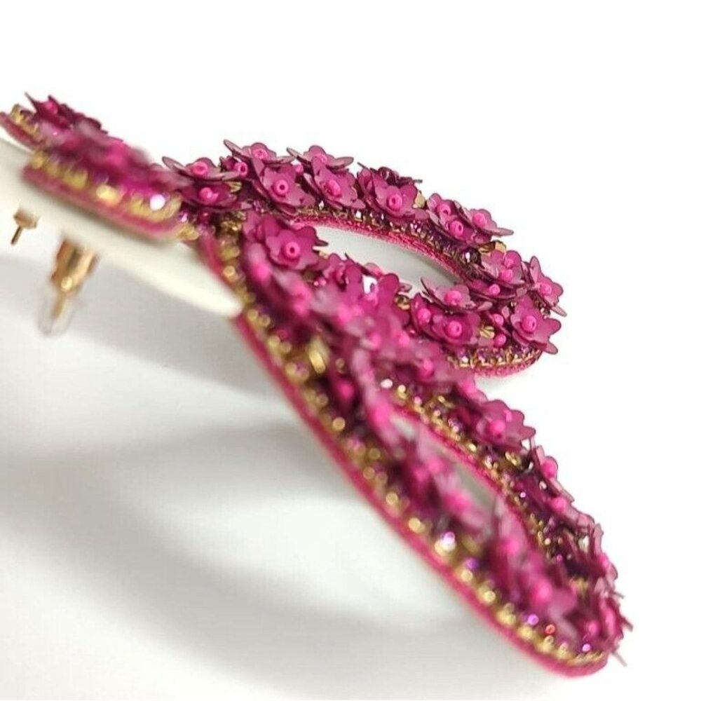 Deepa Gurnani Antropologie Earrings Sequin Beaded Floral Dangle Teardrop Fuschia - Picture 4 of 11
